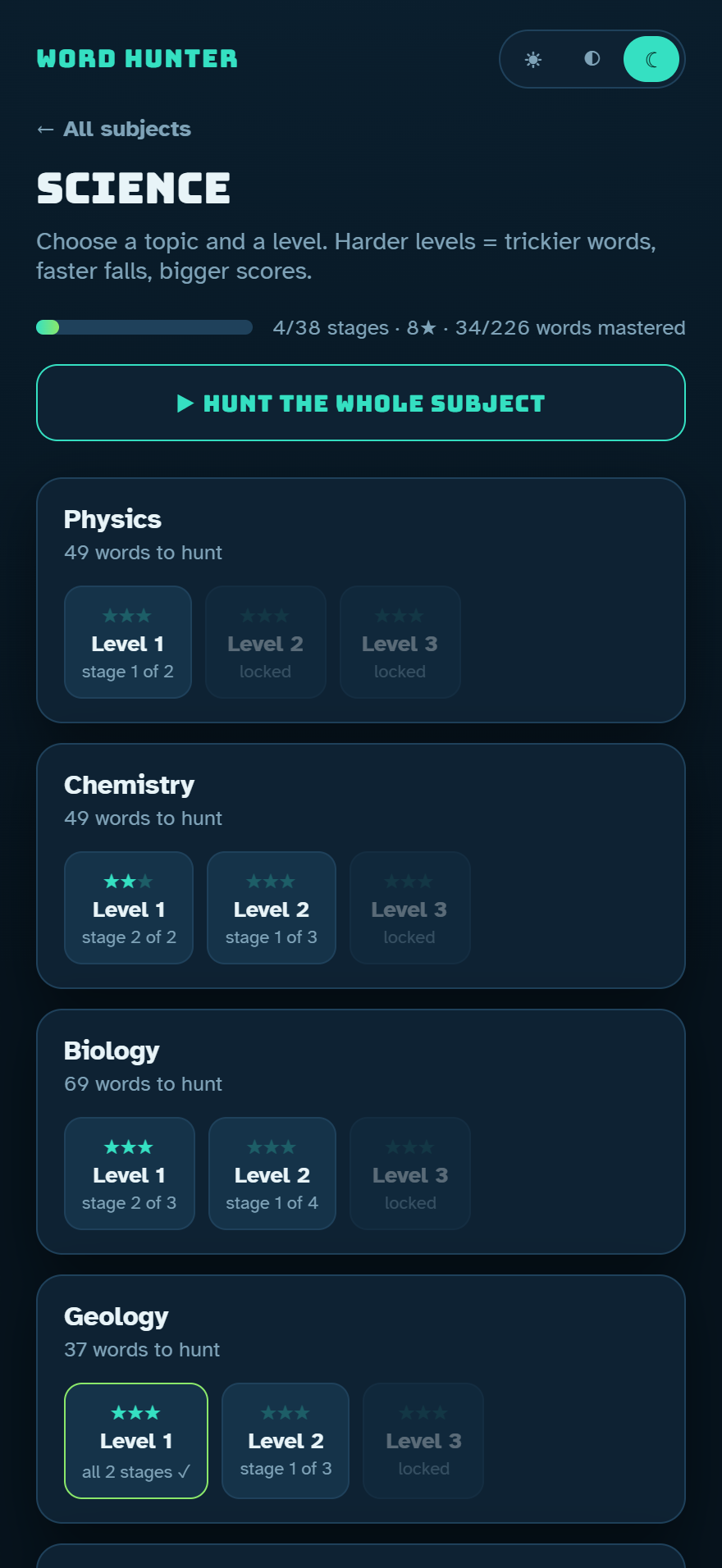 Subject journey with stages and stars