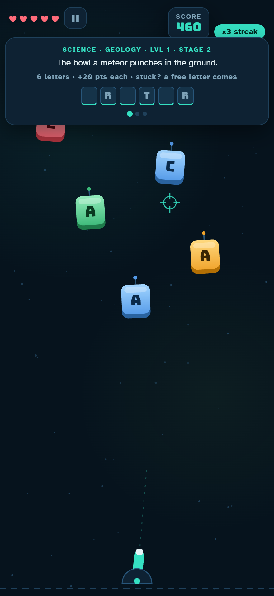 Gameplay: letter tiles falling under a clue